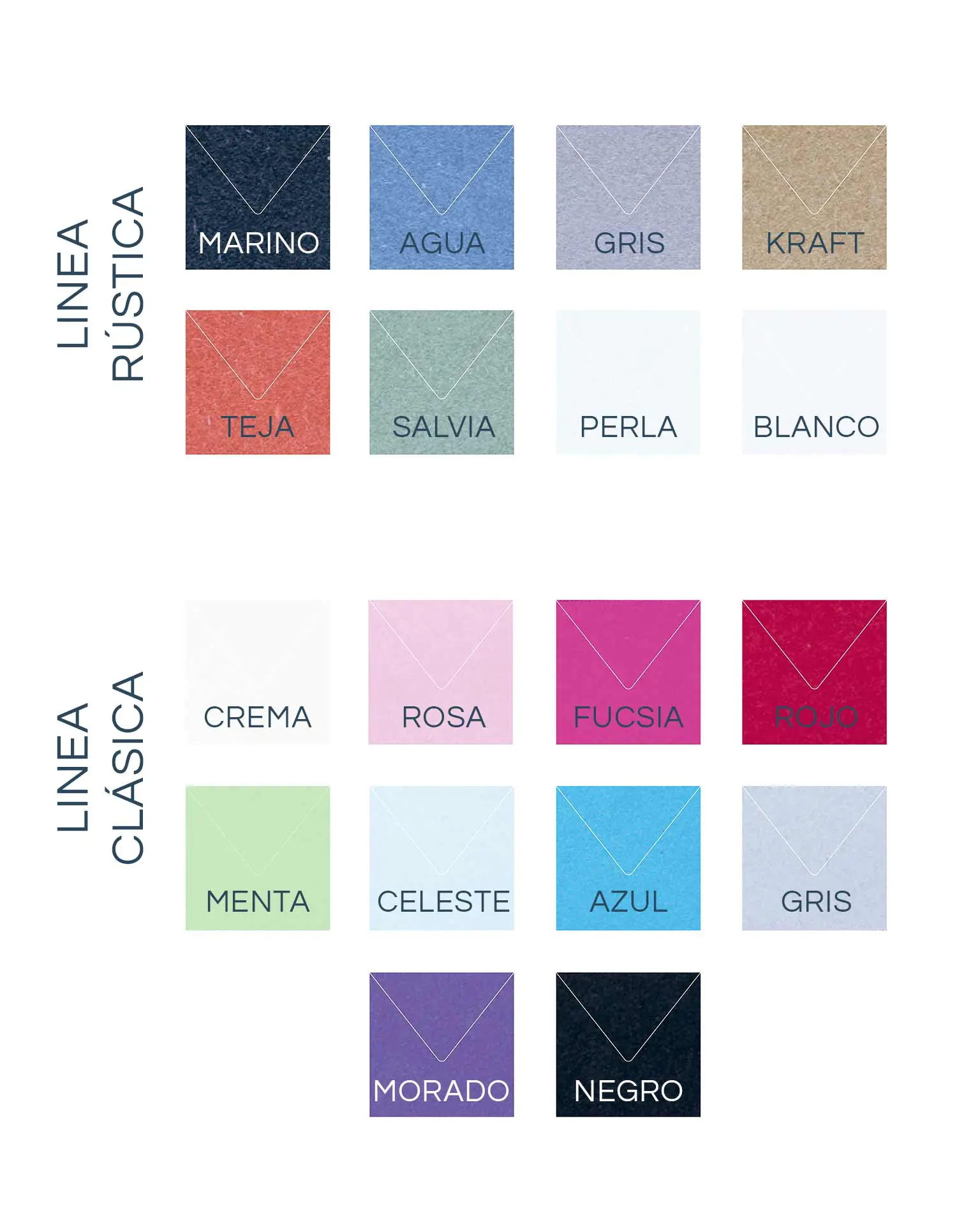 Paleta de colores disponibles para productos hechos con papel ru00fastico, como sobres, invitaciones y mu00e1s. Ideal para personalizar bodas con un estilo natural y elegante.