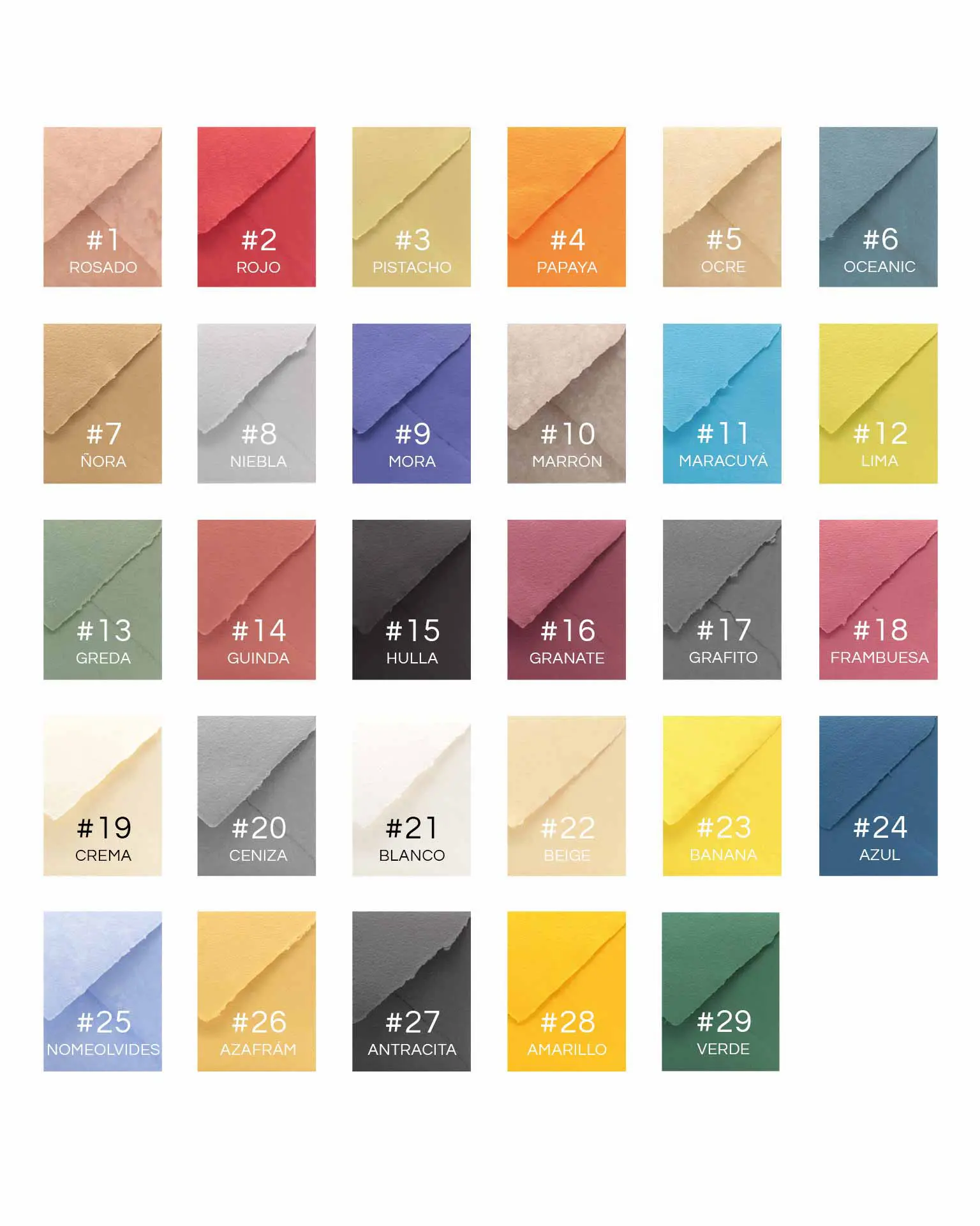 Paleta de colores disponibles para sobres artesanales, perfectos para personalizar vuestras invitaciones de boda a medida