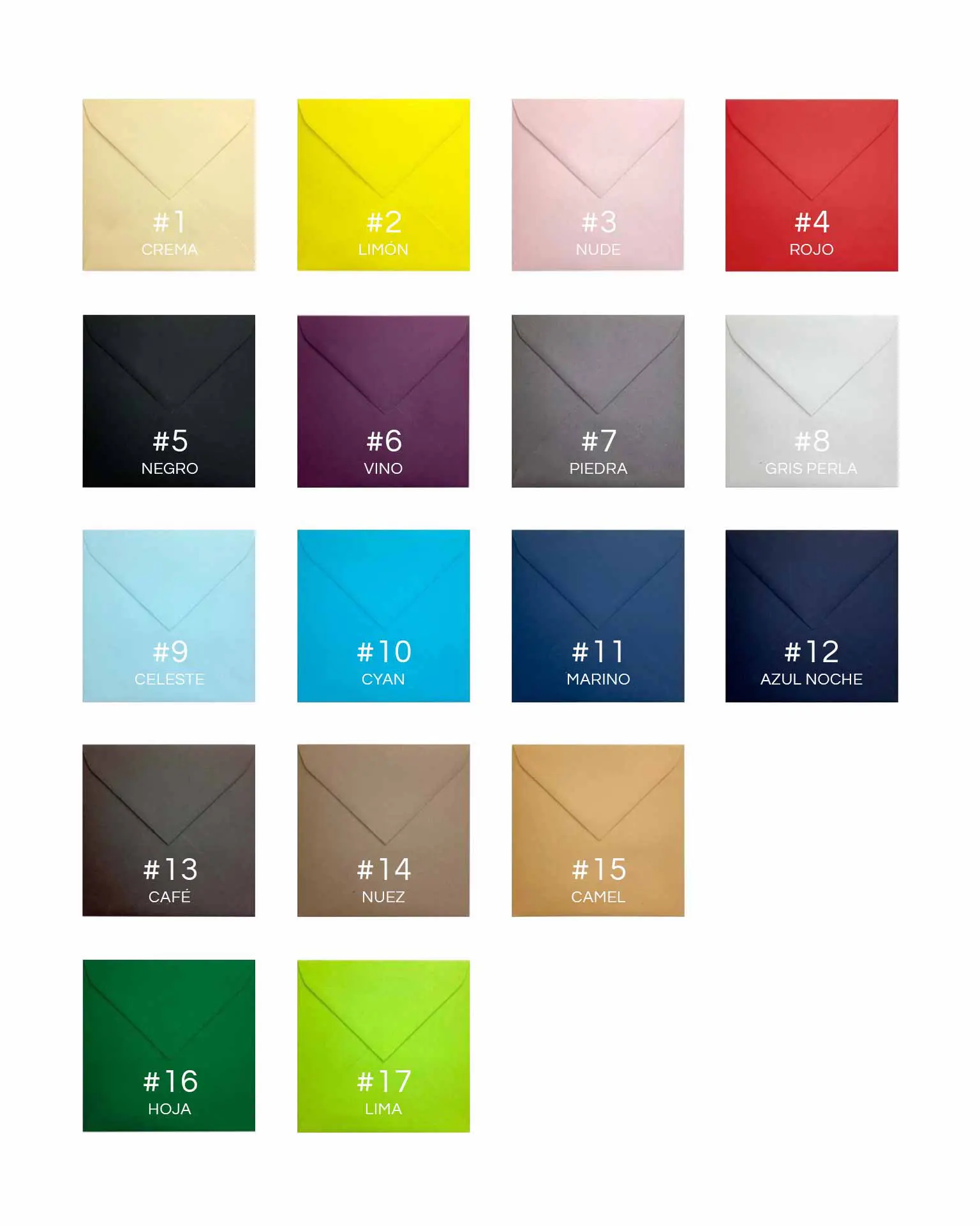 Opciones de color disponibles para sobres clásicos de boda