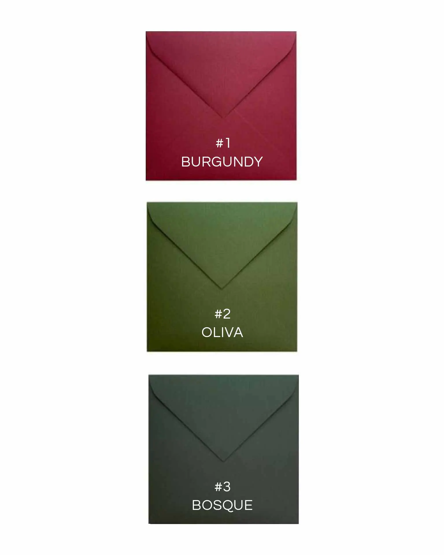 Colores del sobre Texturizado: burgundy, oliva y bosque