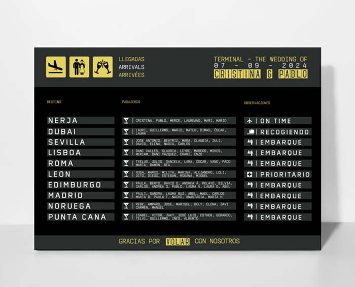 Seating plan con tematica viajera forma de panel de embarque aeropuerto