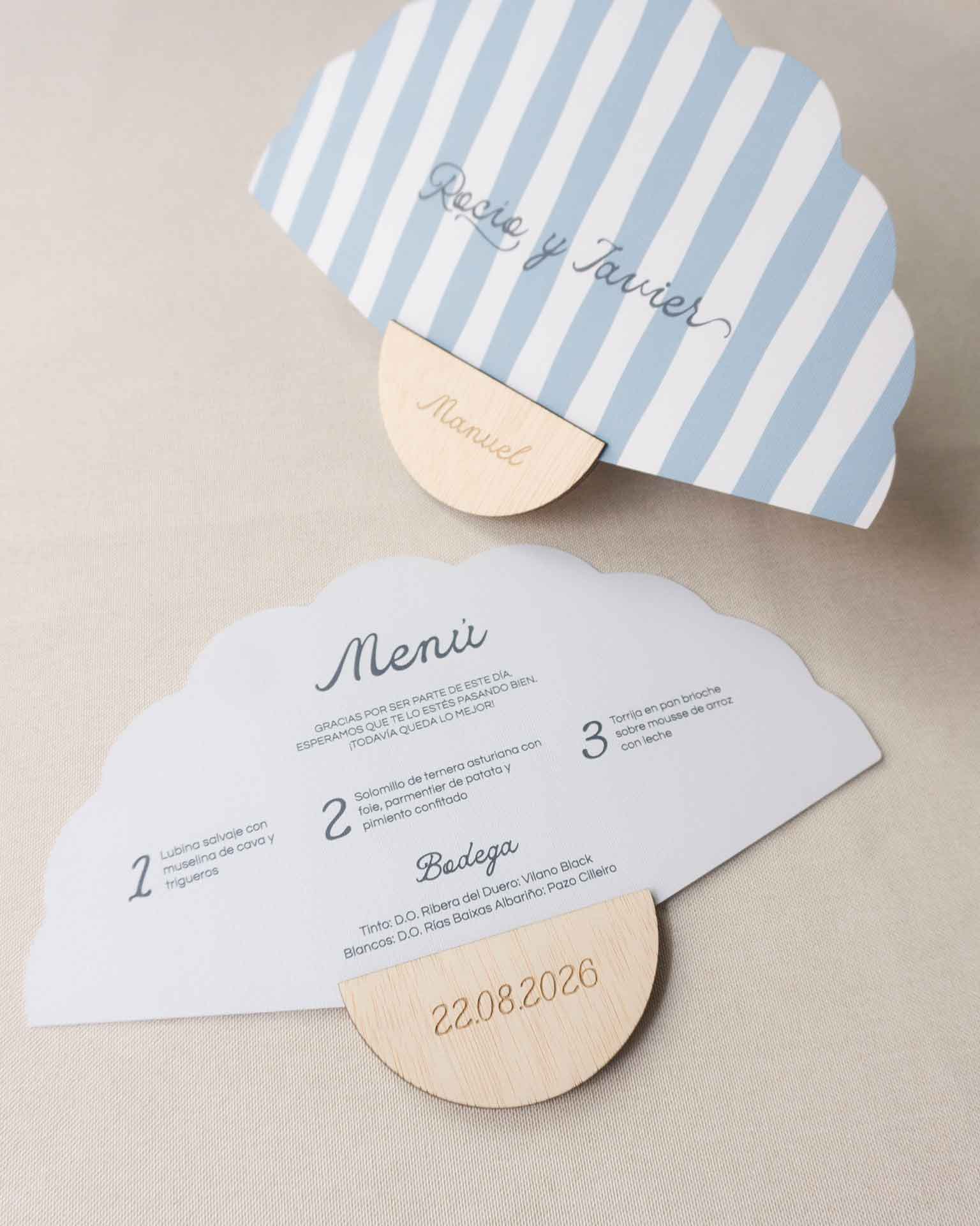 Abanico personalizado para boda azul con minuta