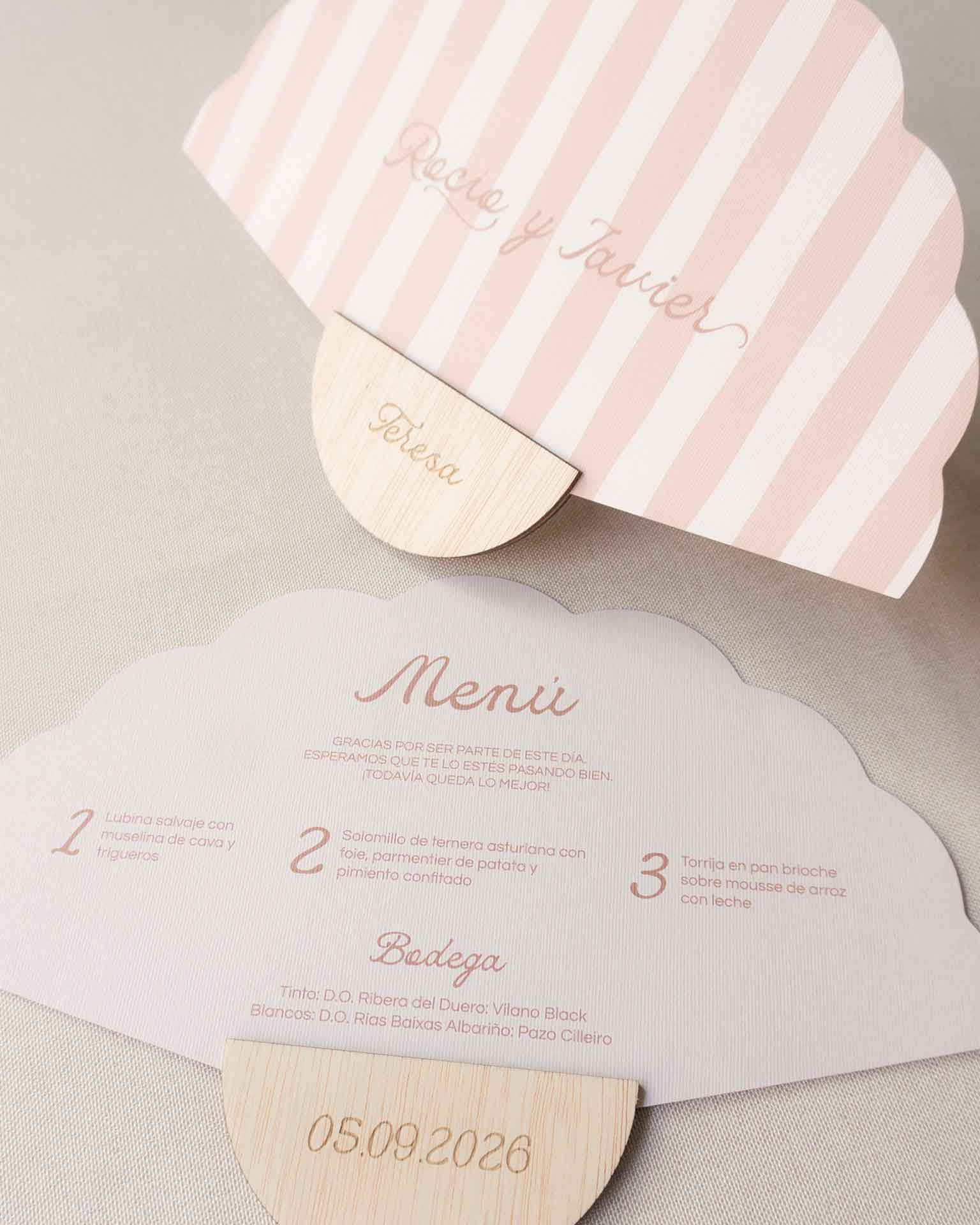 Abanico personalizado para boda nude con minuta