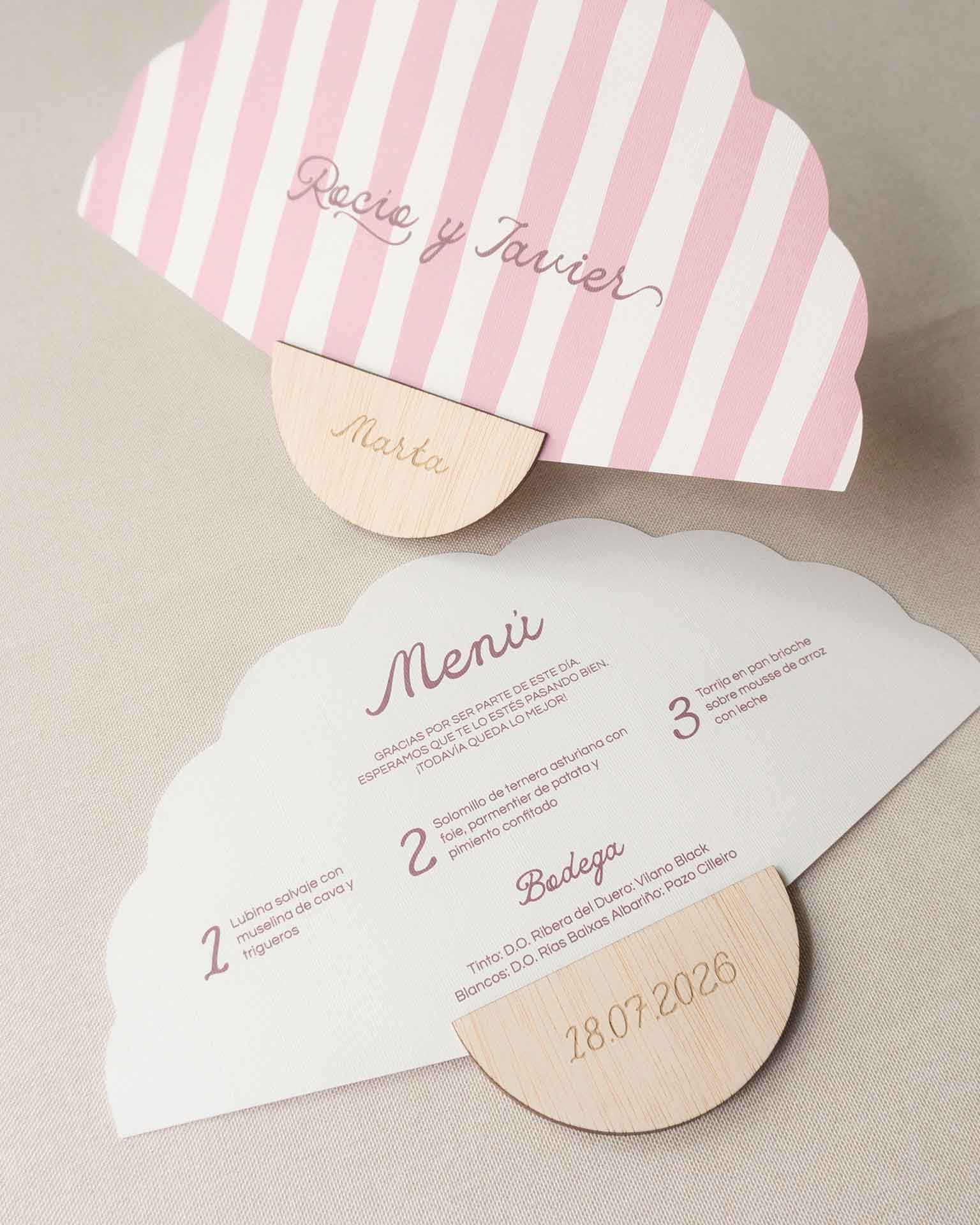 Abanico personalizado para boda rosa con minuta