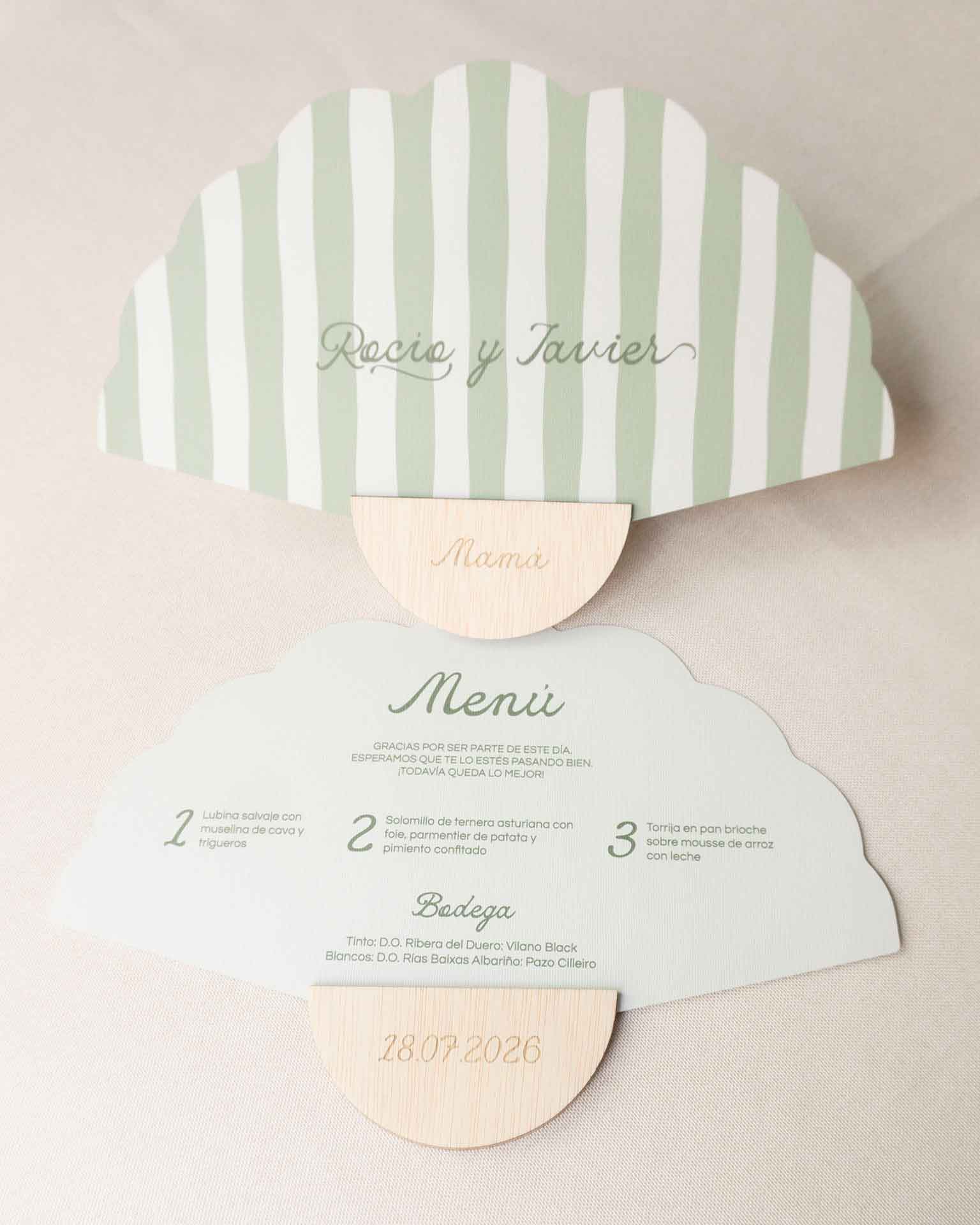 Abanico personalizado para boda verde con minuta