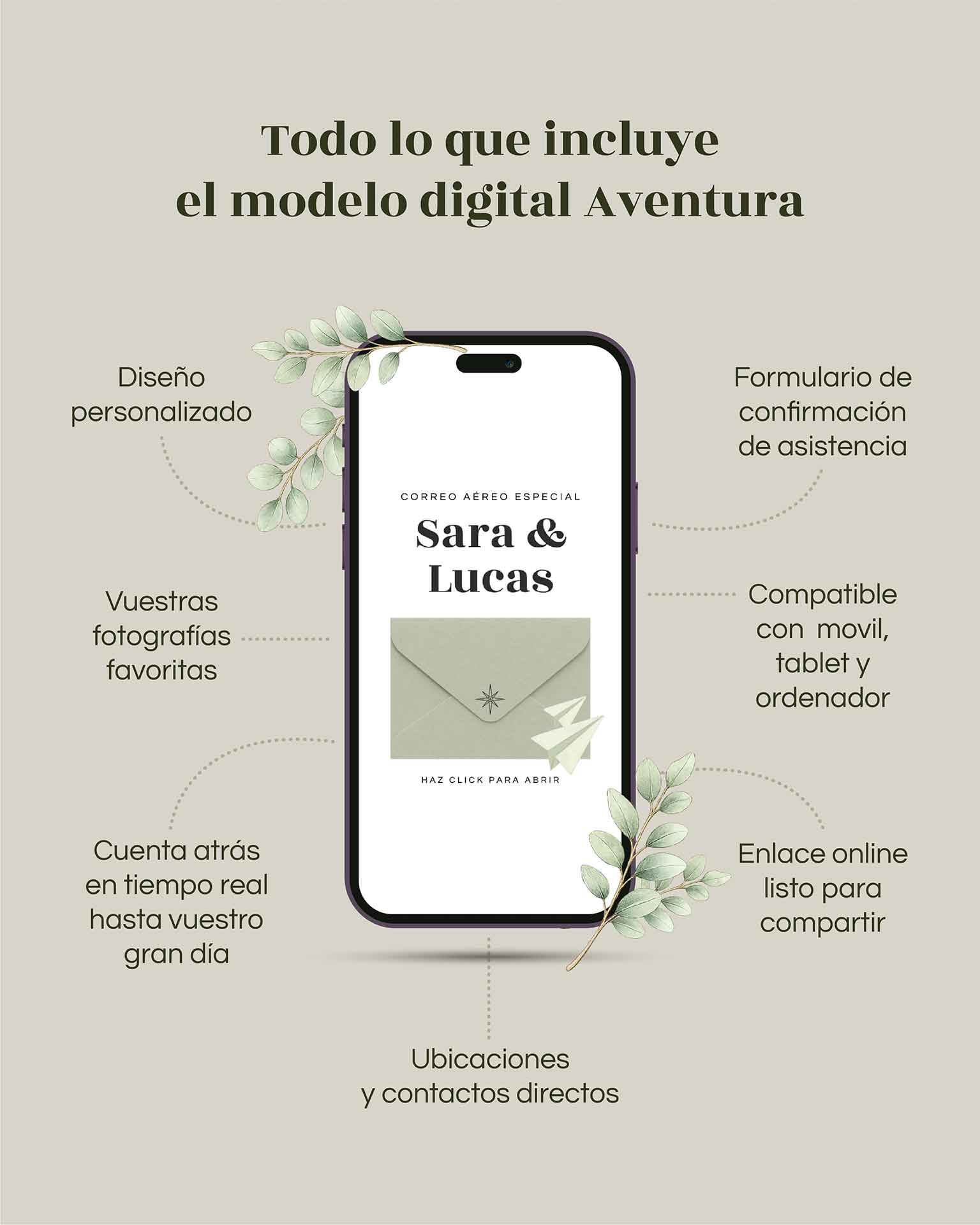 Quu00e9 incluye la invitaciu00f3n de boda viajera digital Aventura