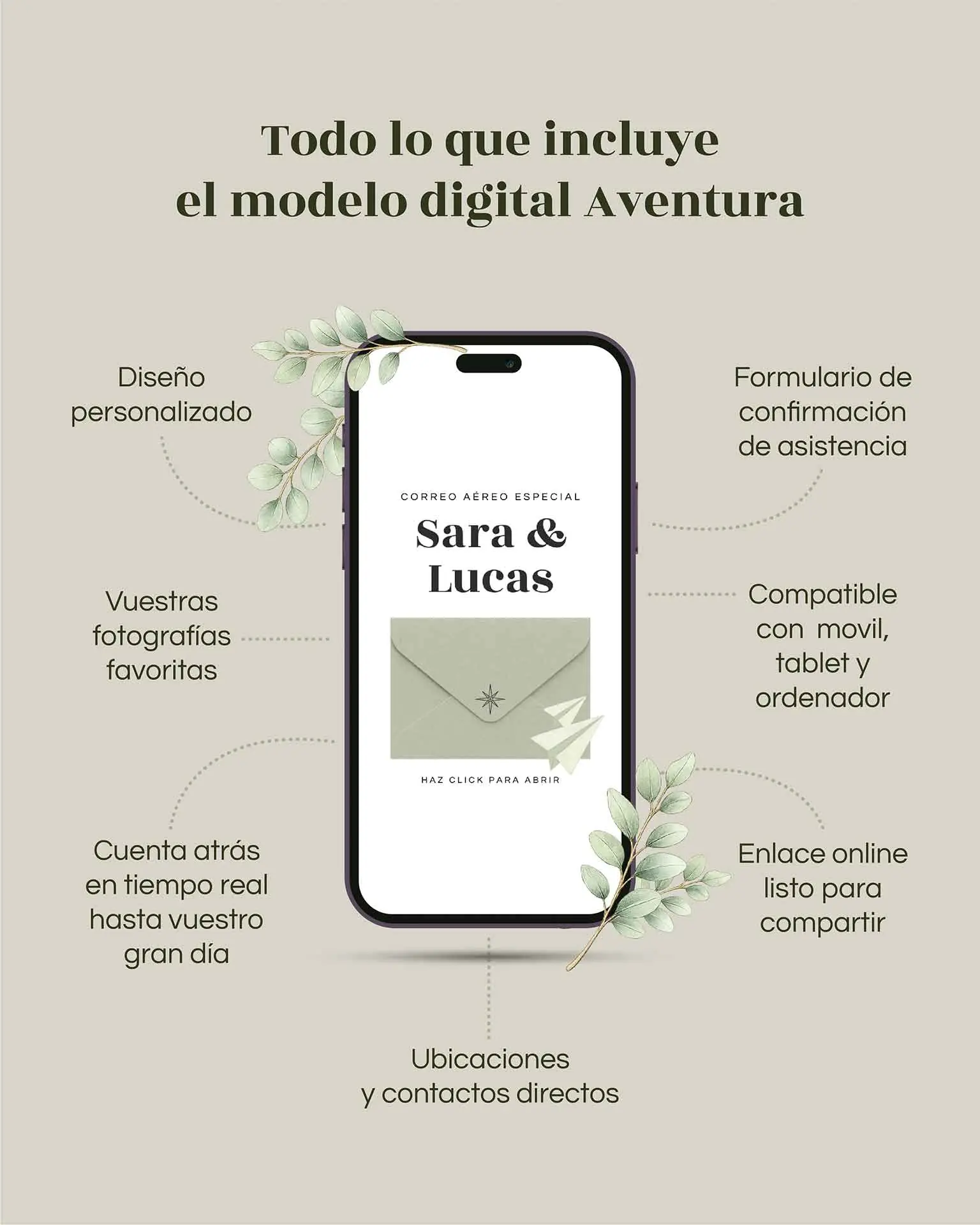 Qué incluye la invitación de boda viajera digital Aventura