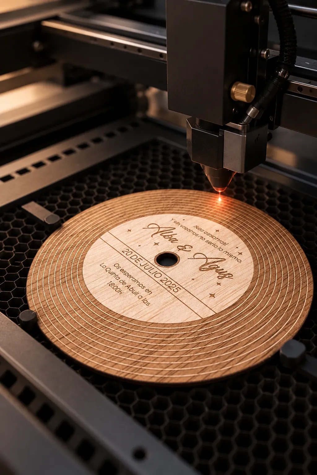 Invitación de boda Vinilo grabándose a láser en el taller