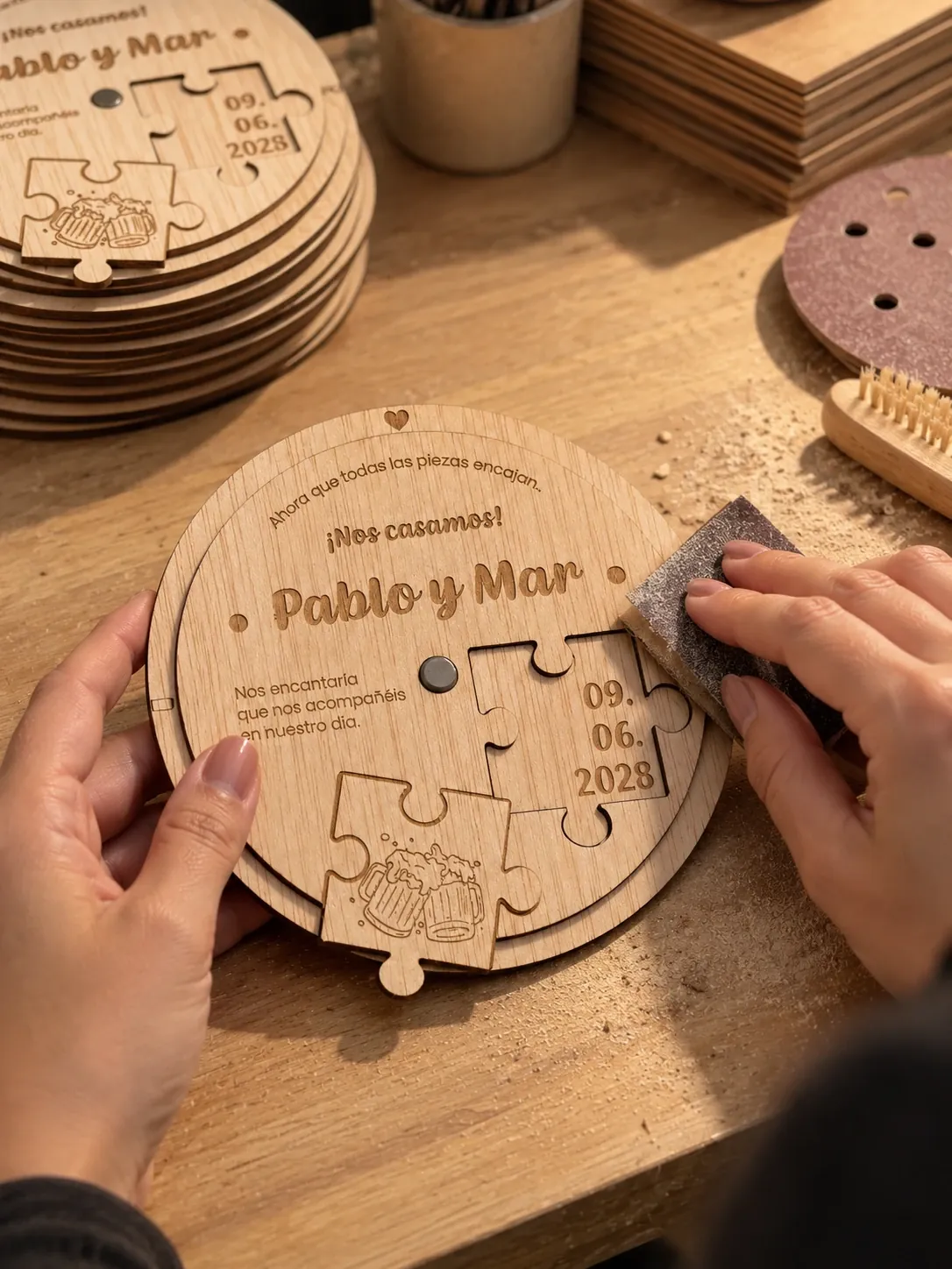 Manos lijando a mano una invitación recién grabada en madera