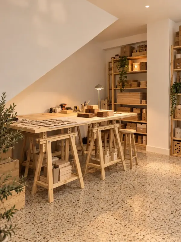 Nuestro taller de Gijón con las mesas de trabajo