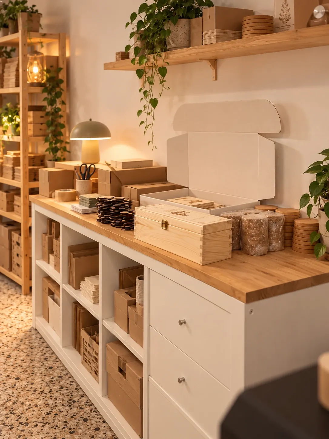 Mesa de empaquetado con pedidos de invitaciones de madera listos para enviar