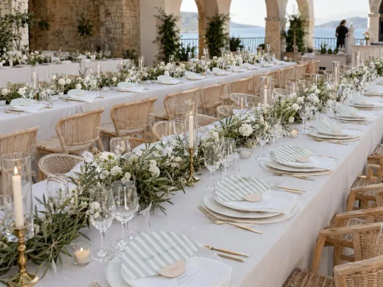Mesa de boda al aire libre con un abanico personalizado en cada plato